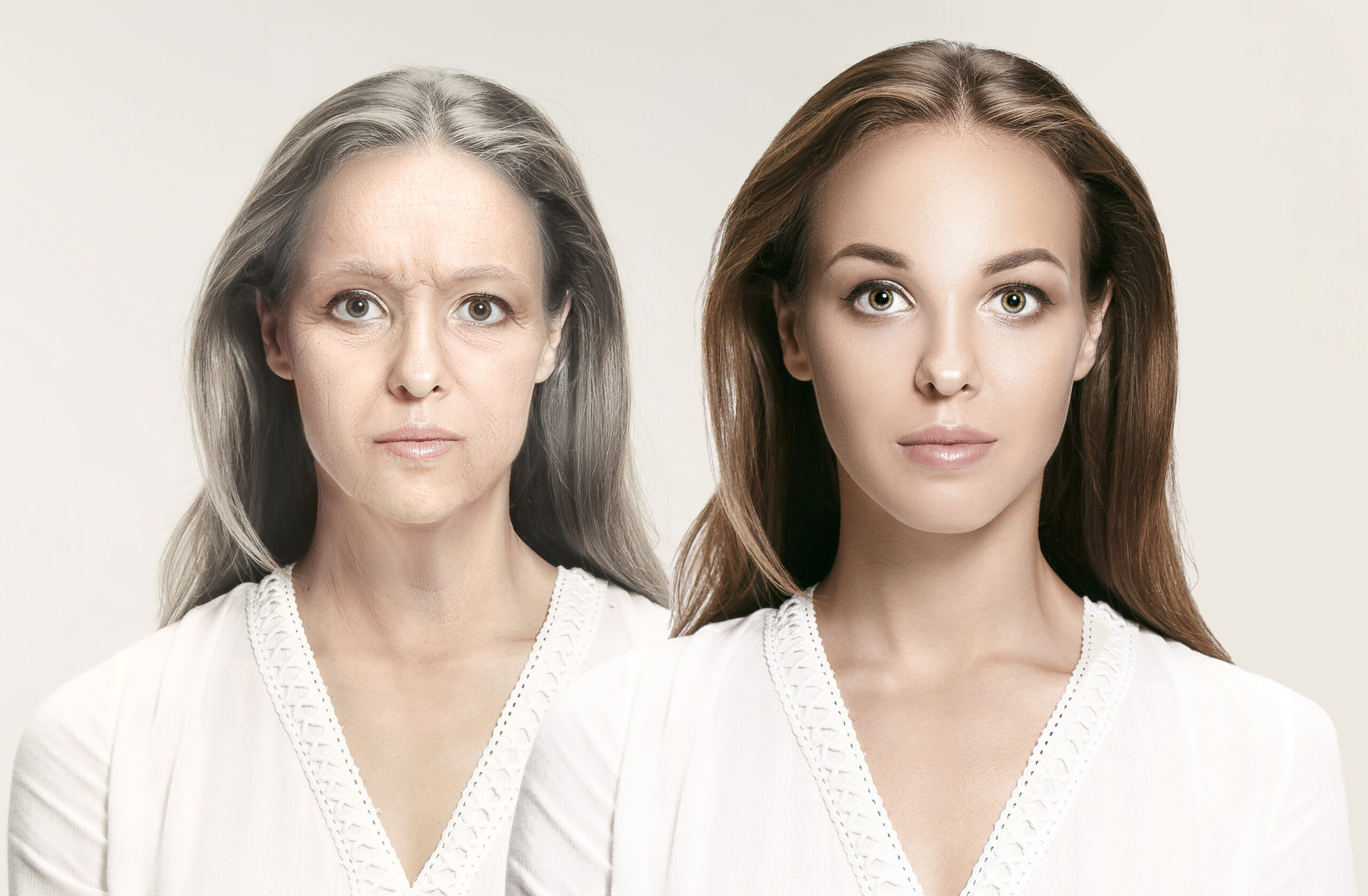 Comparison. Portrait of beautiful woman with problem and clean skin, aging and youth concept, beauty treatment and lifting. Before and after concept. Youth, old age. Process of aging and rejuvenation