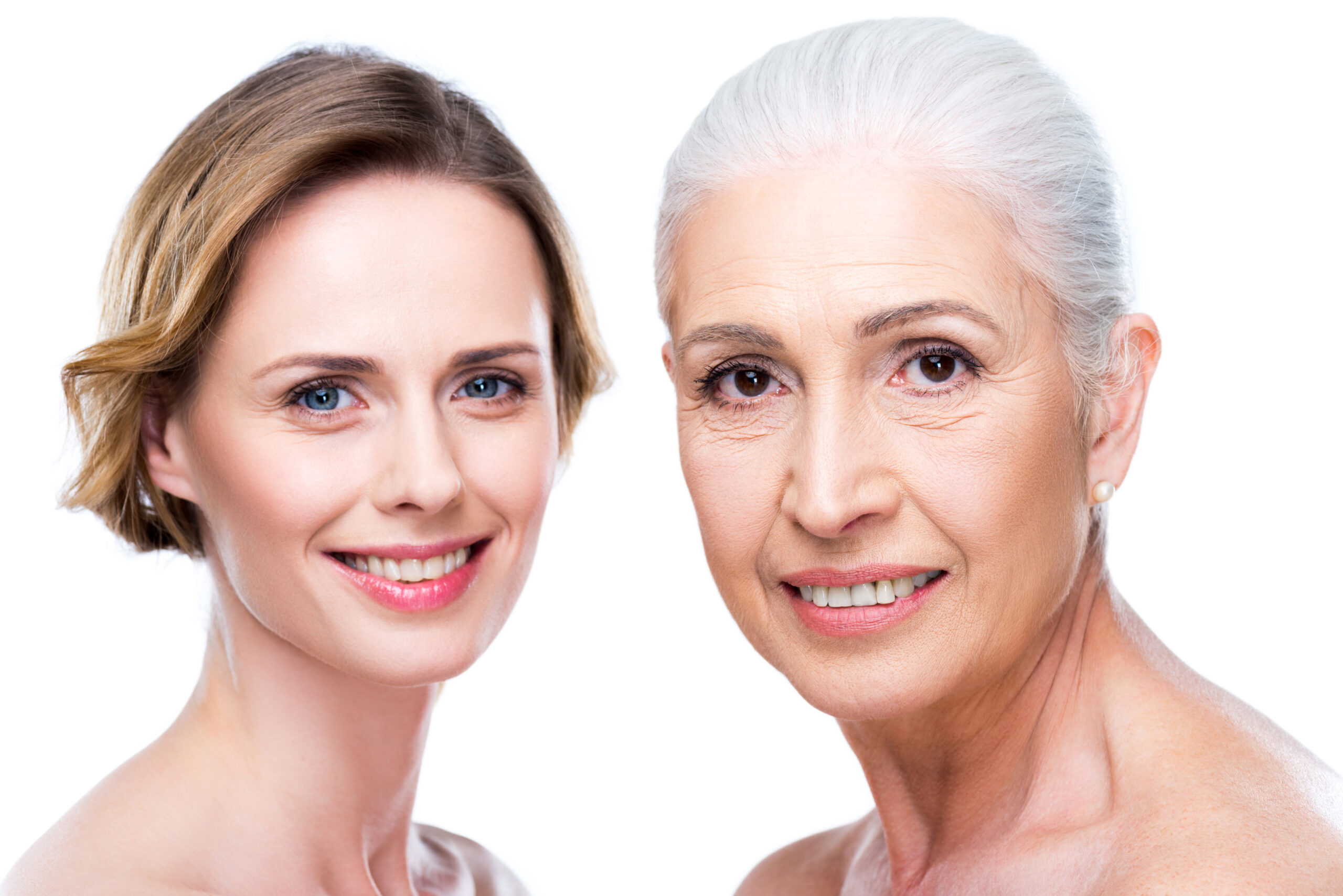 naked adult daughter and senior mother, isolated on white, purity concept